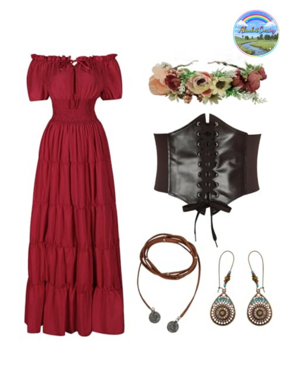 Renaissance Medieval Costume Set Dress Corset Flower Crown Necklace Earrings